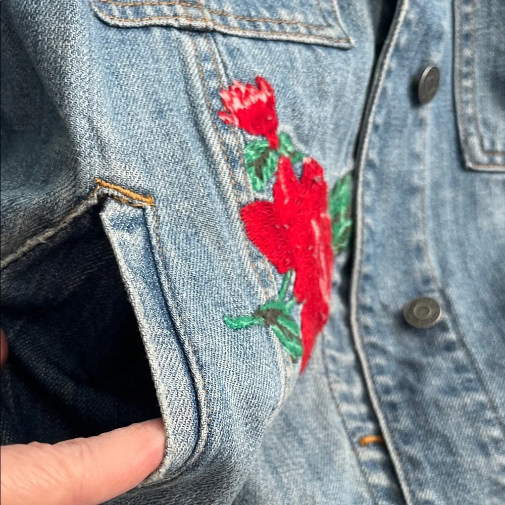 Distressed Blue Denim Jacket with Red Rose Embroidery- HIDDEN. - Picture 5 of 12